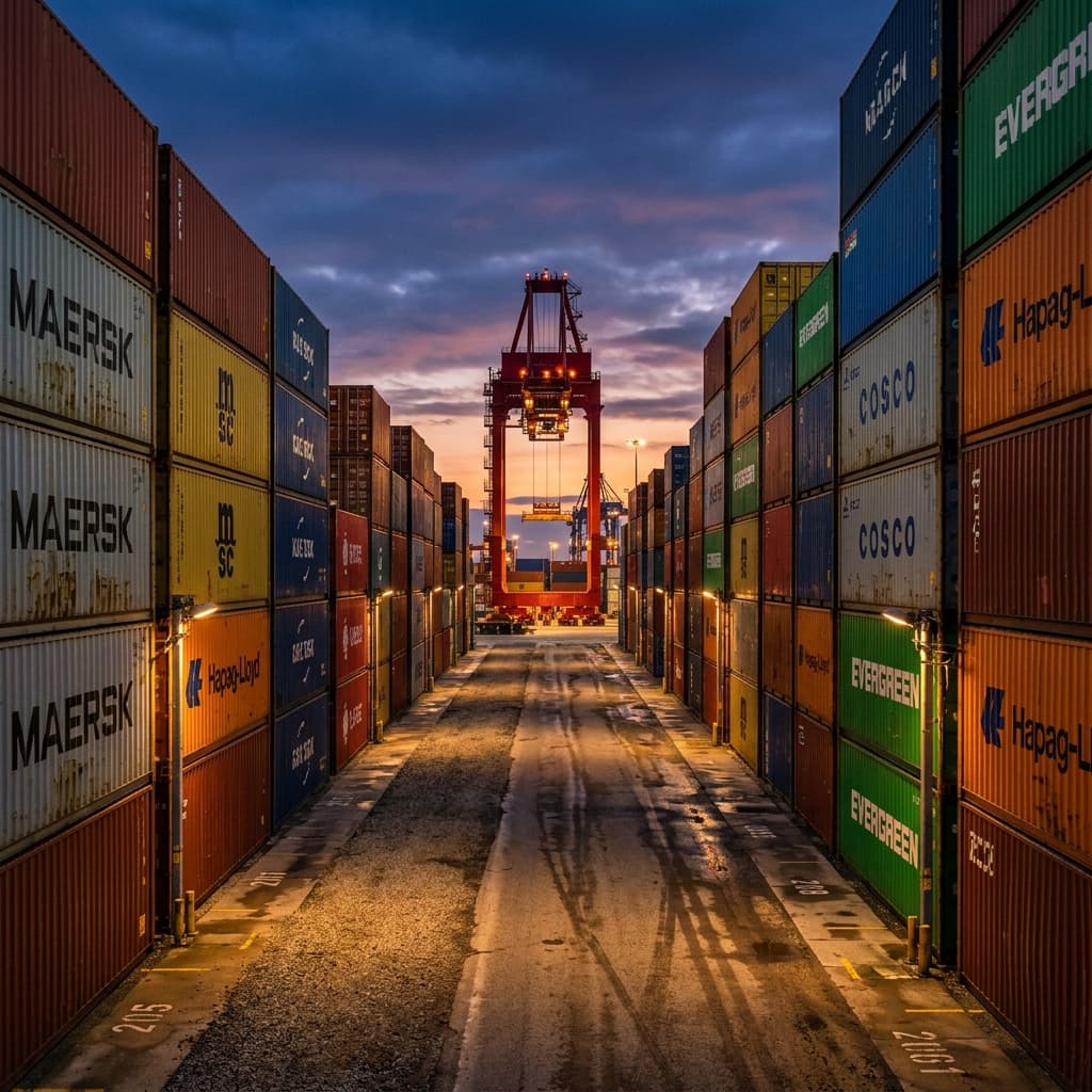 Overhead view of a container yard at dusk