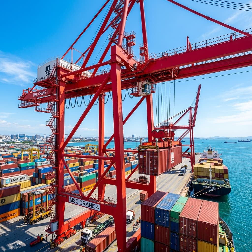 Ship-to-shore gantry crane working cargo containers at Dubai Jebel Ali Port terminal