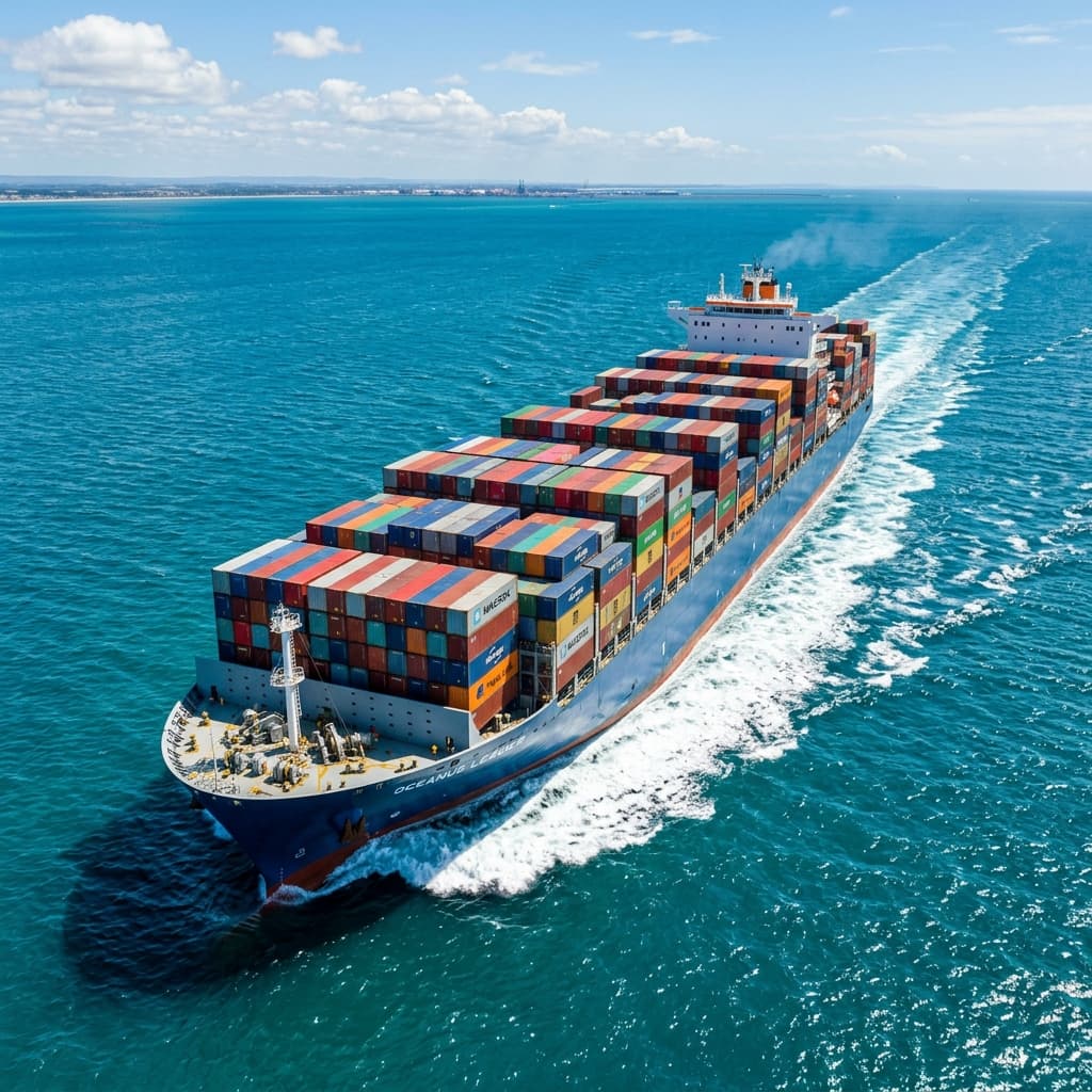 Aerial view of a container terminal with gantry cranes and berthed vessels