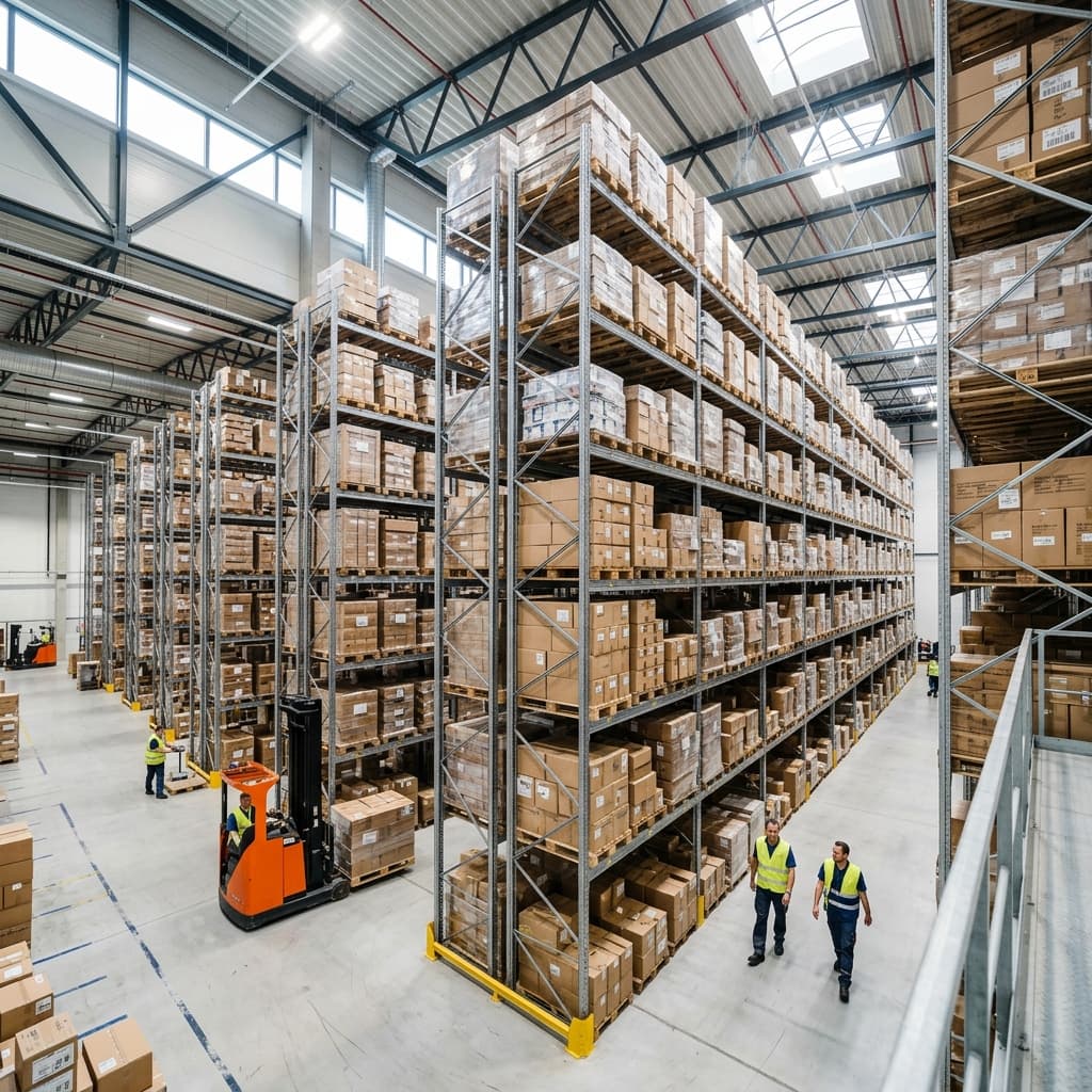 High-bay distribution warehouse aisle with palletised cargo in Dubai Free Zone